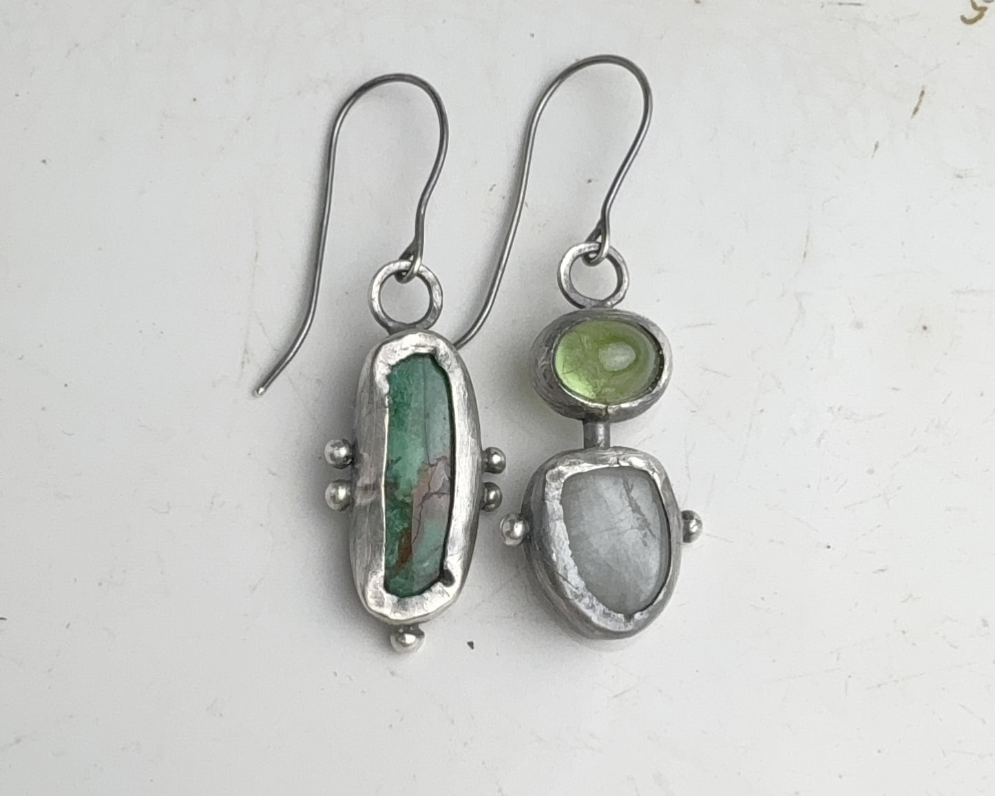 Turquoise & Aquamarine-Peridot Mismatched Silver Earrings