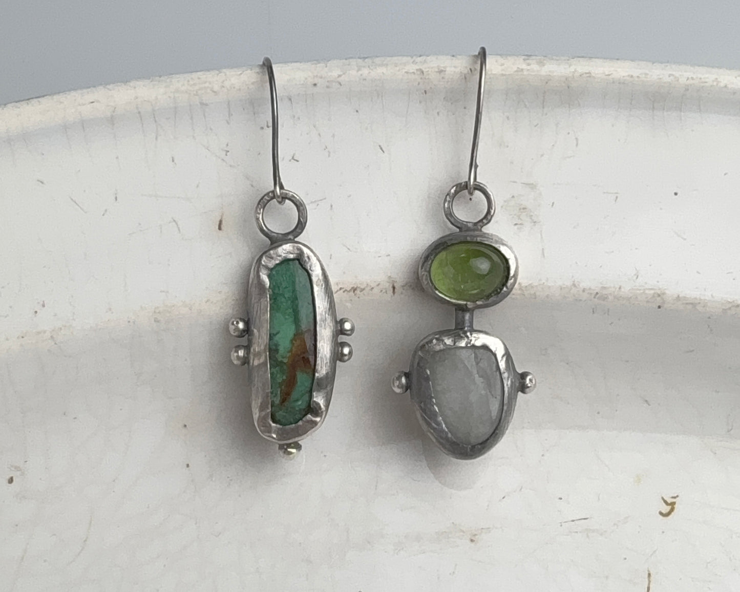 Turquoise & Aquamarine-Peridot Mismatched Silver Earrings