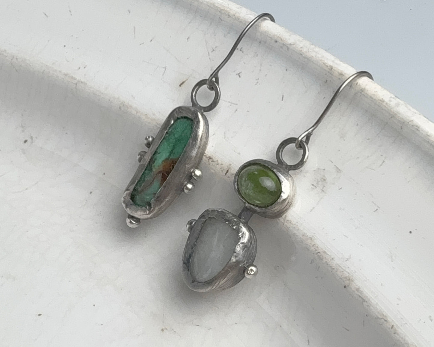 Turquoise & Aquamarine-Peridot Mismatched Silver Earrings