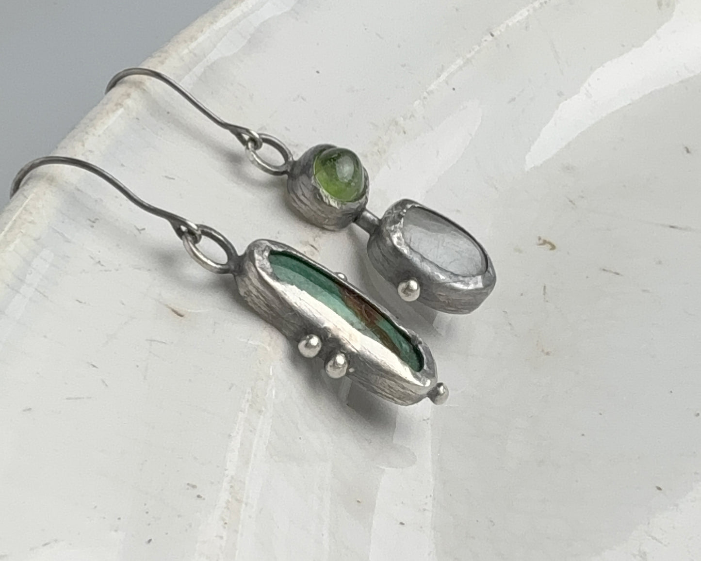 Turquoise & Aquamarine-Peridot Mismatched Silver Earrings