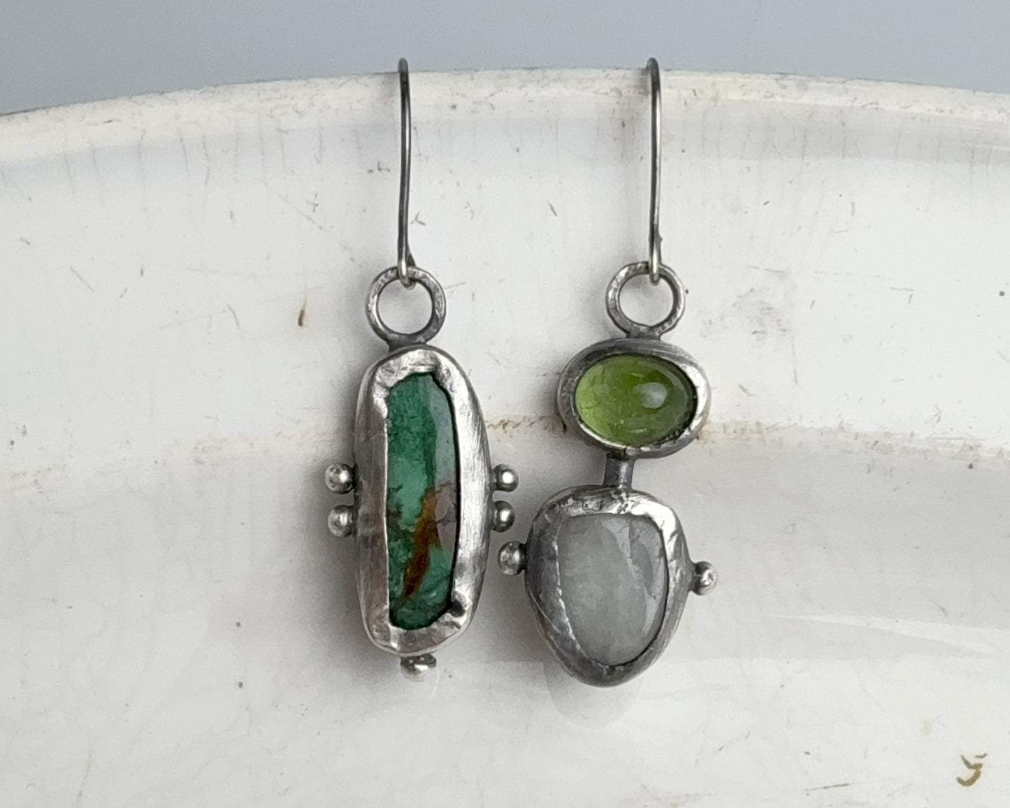 Turquoise & Aquamarine-Peridot Mismatched Silver Earrings