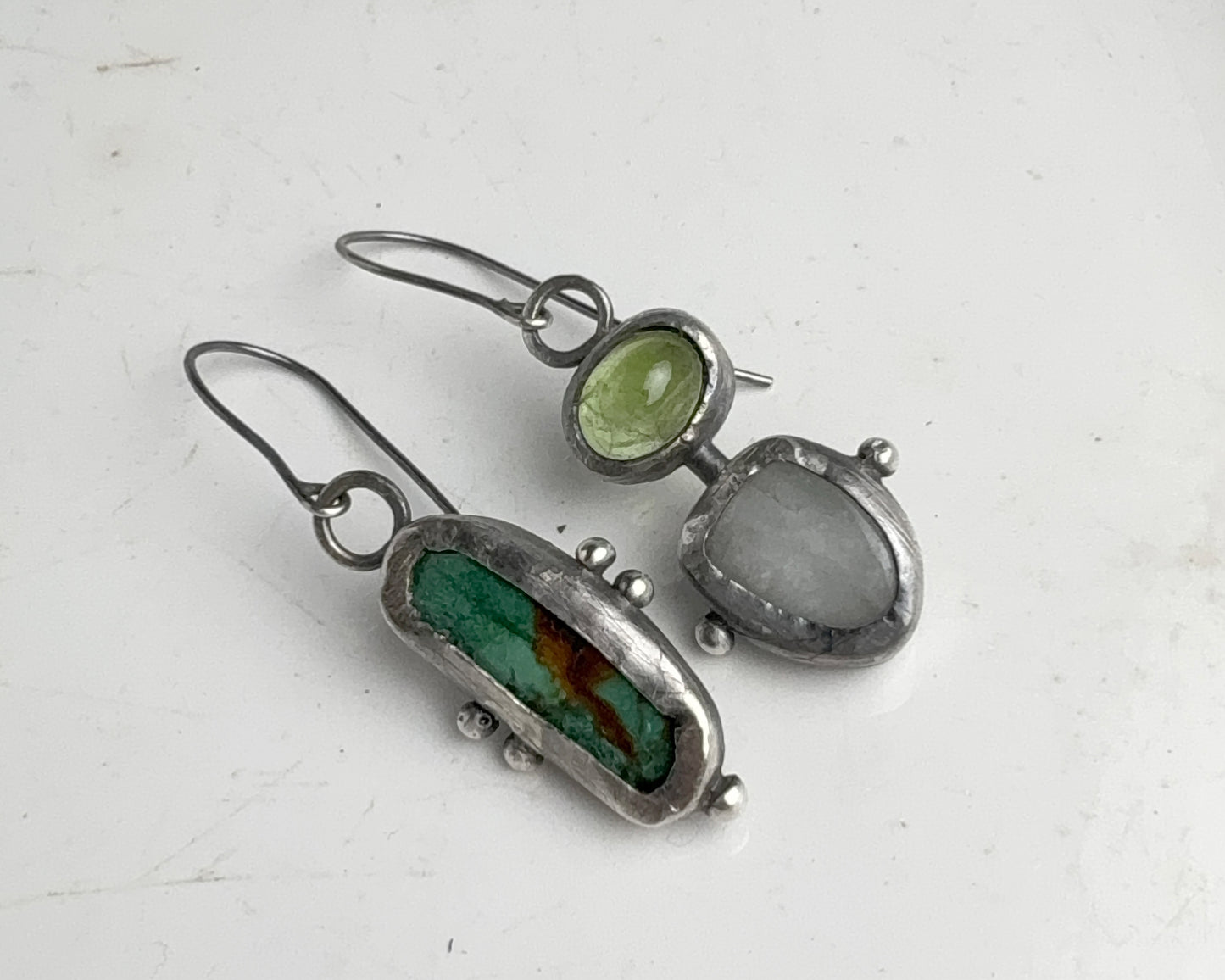 Turquoise & Aquamarine-Peridot Mismatched Silver Earrings