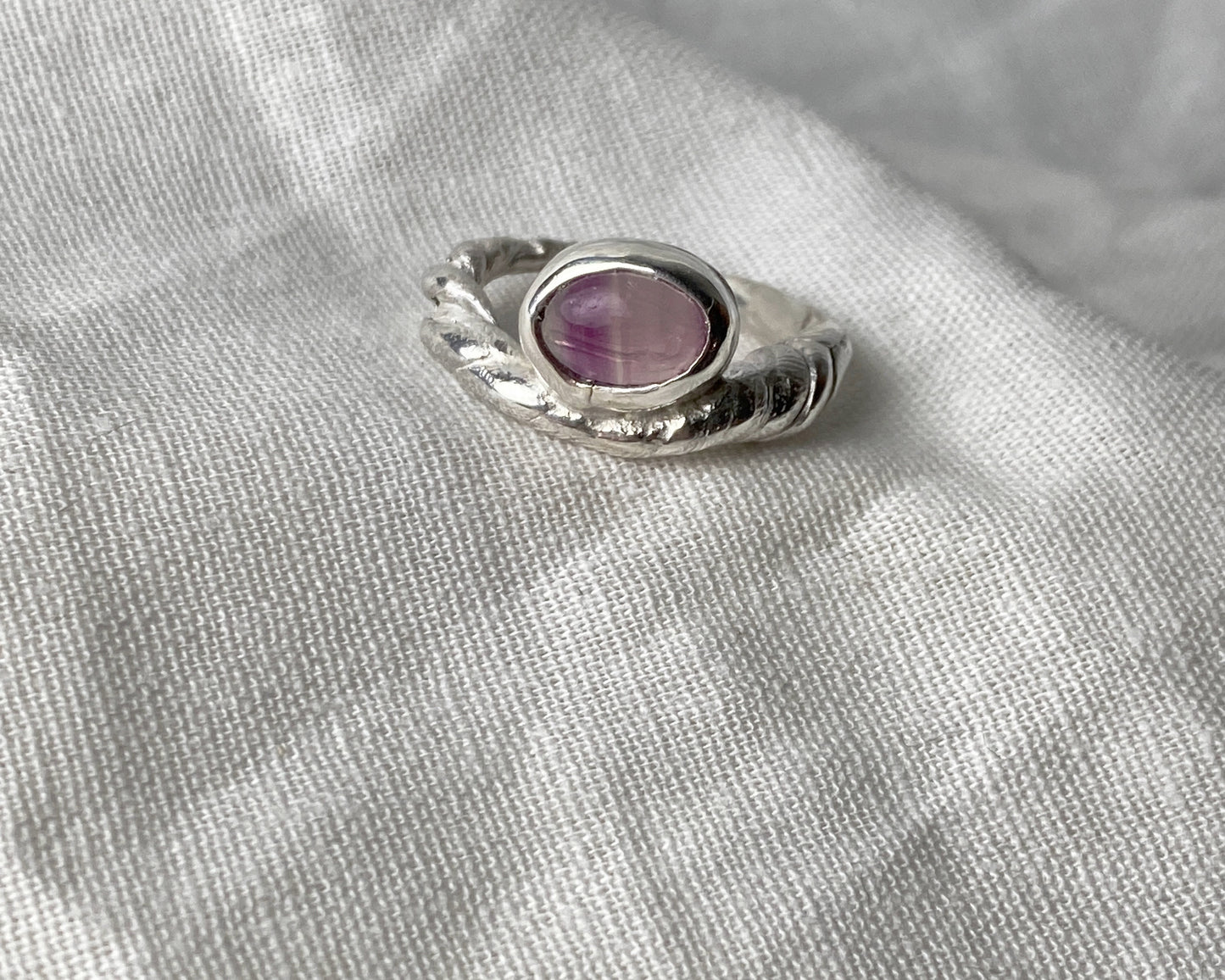 Handcrafted Sterling Silver Oval Amethyst Ring with Sculptural Design