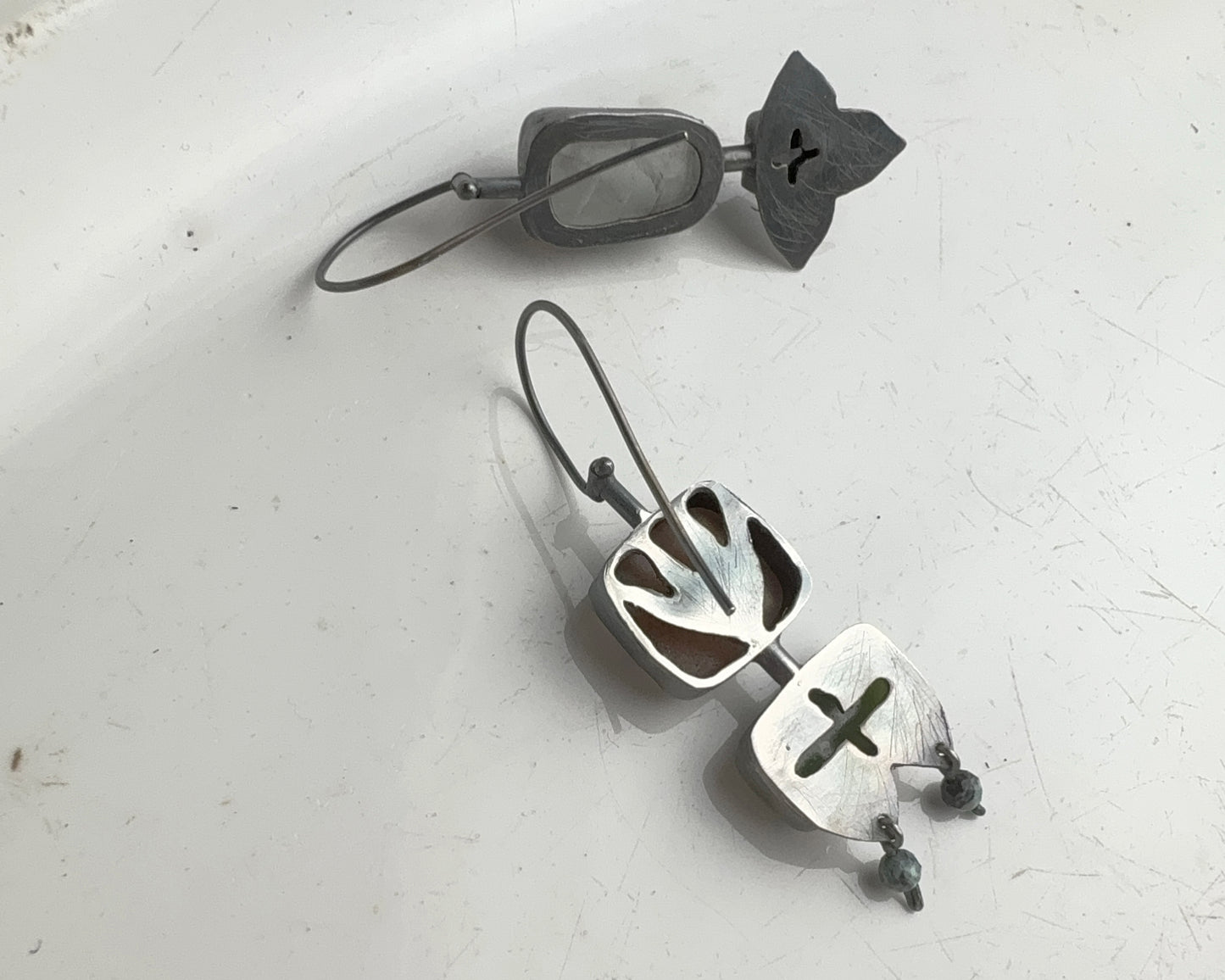 Handcrafted Asymmetrical Silver Earrings with Chalcedony, Jade, Quartz & Black Agate