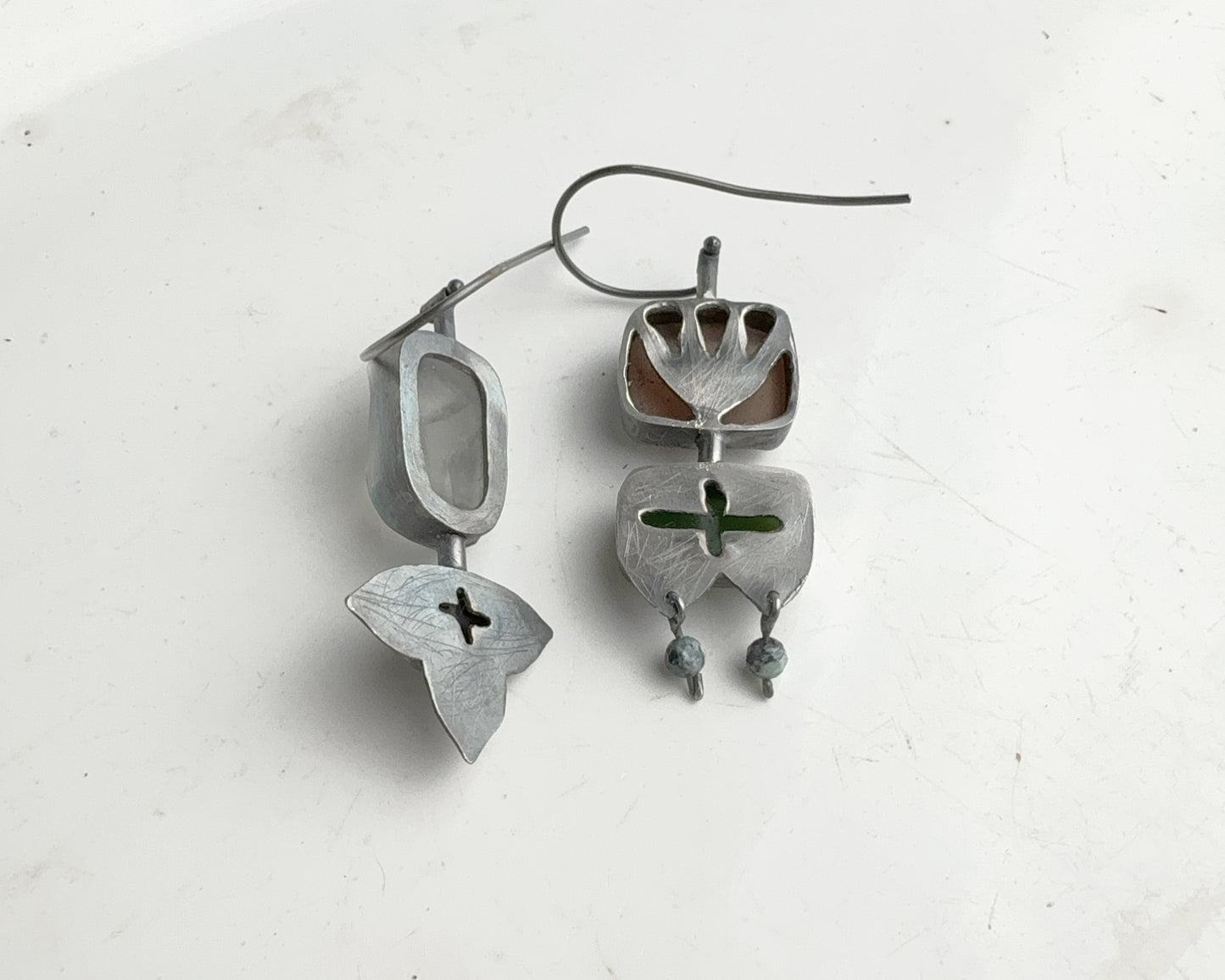 Handcrafted Asymmetrical Silver Earrings with Chalcedony, Jade, Quartz & Black Agate
