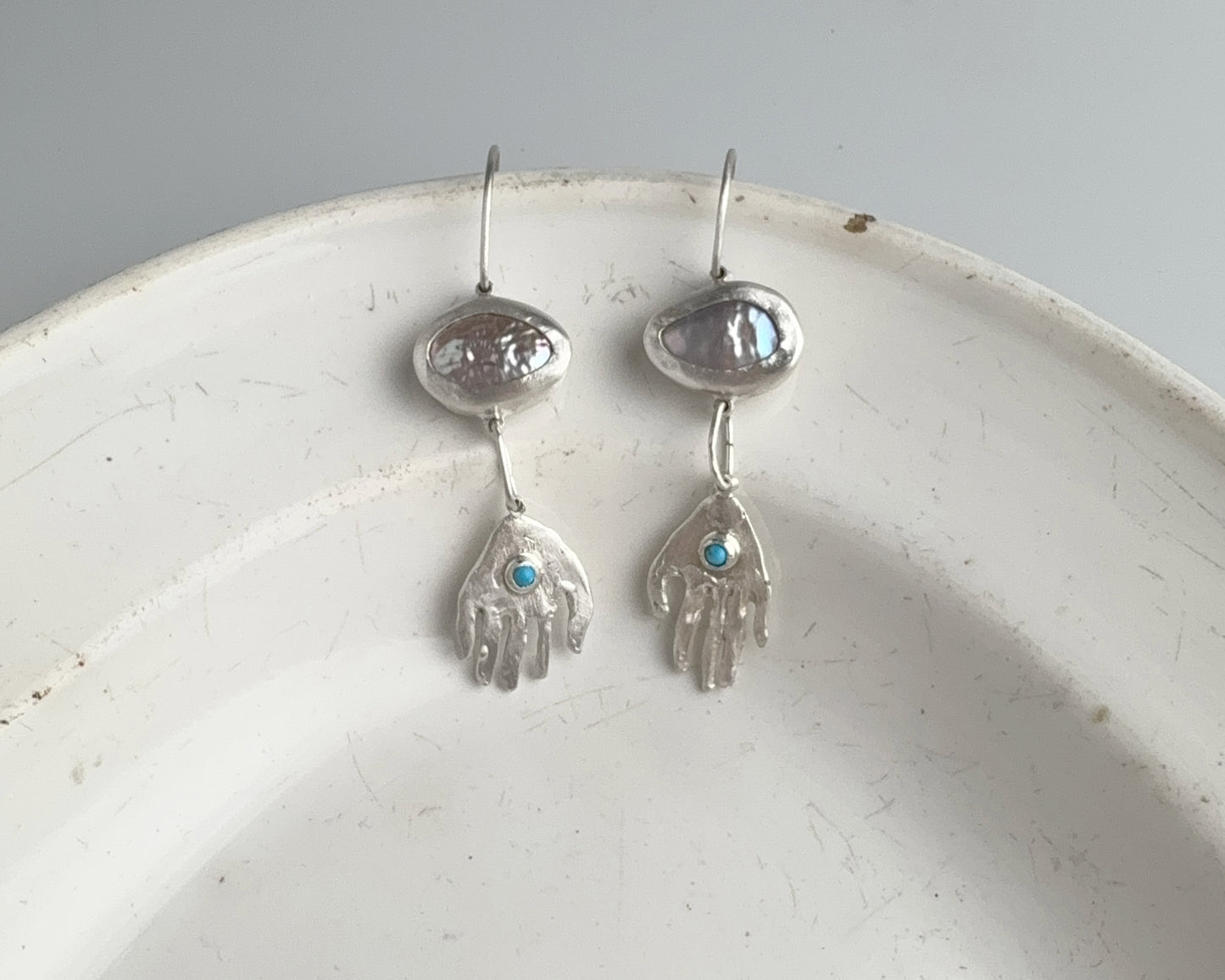 Pearl and Turquoise Silver Hand Drop Earrings