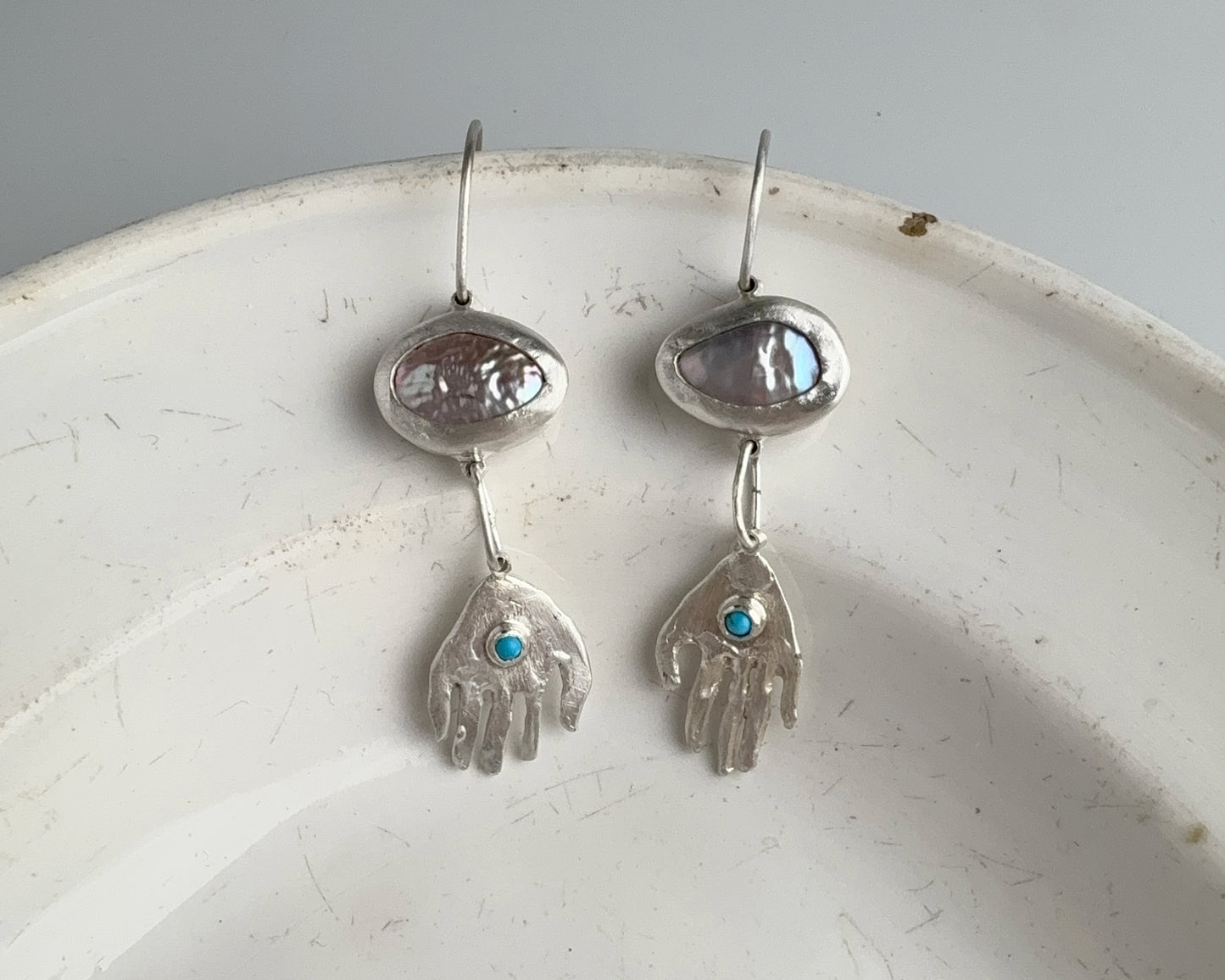 Pearl and Turquoise Silver Hand Drop Earrings