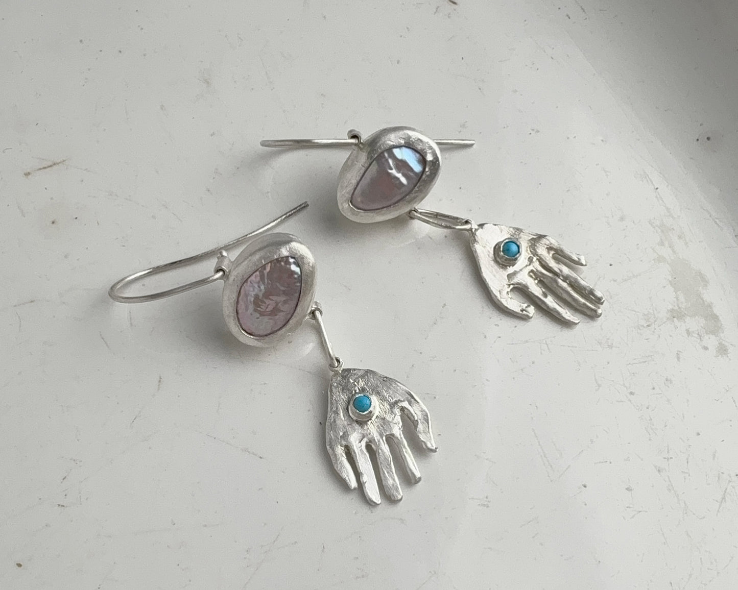 Pearl and Turquoise Silver Hand Drop Earrings