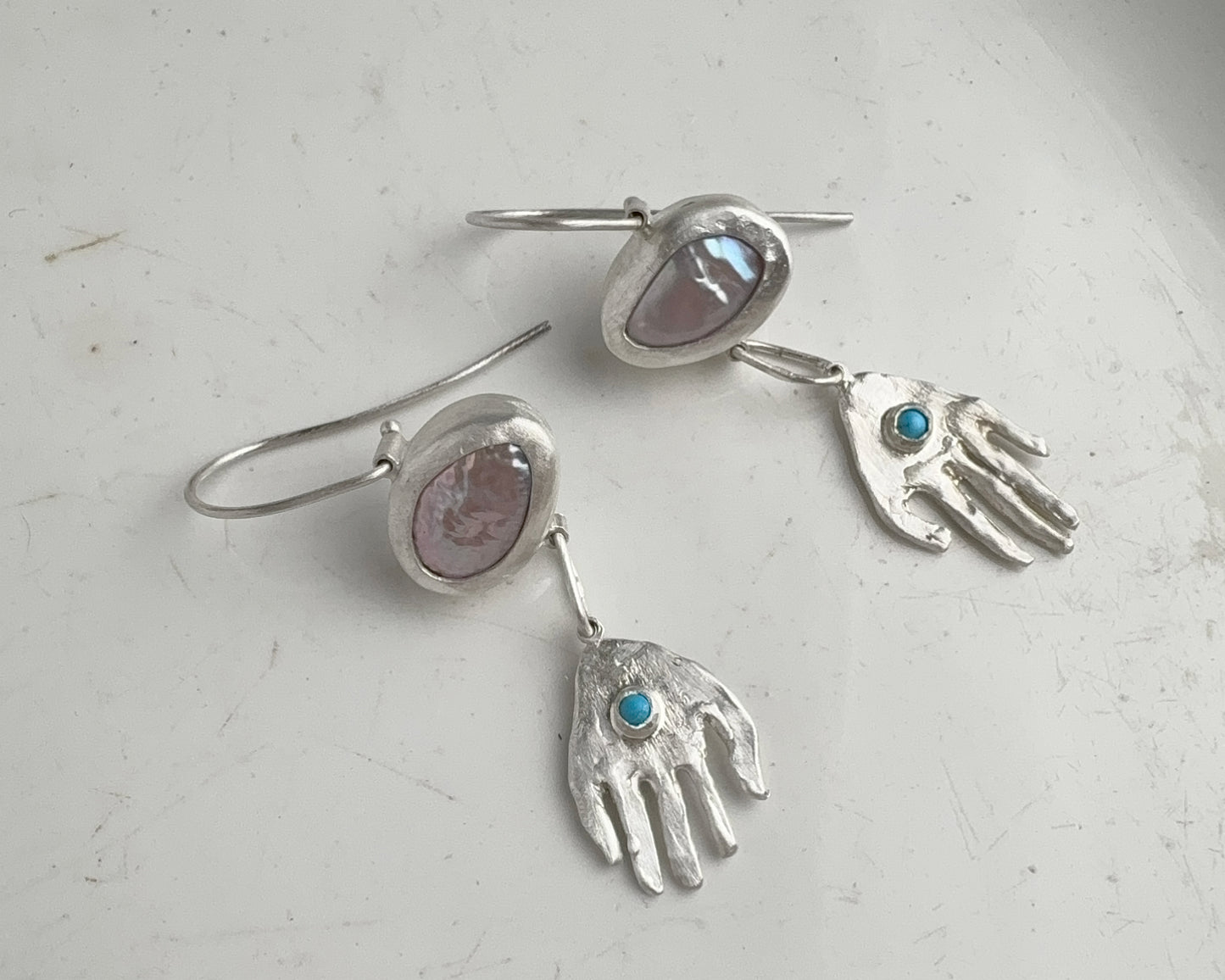 Pearl and Turquoise Silver Hand Drop Earrings