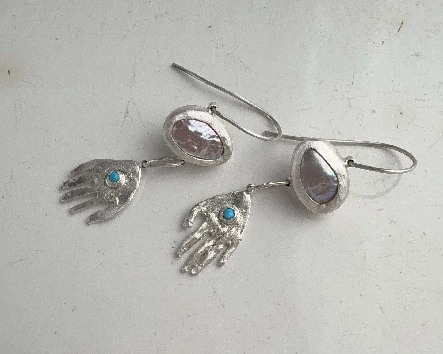 Pearl and Turquoise Silver Hand Drop Earrings