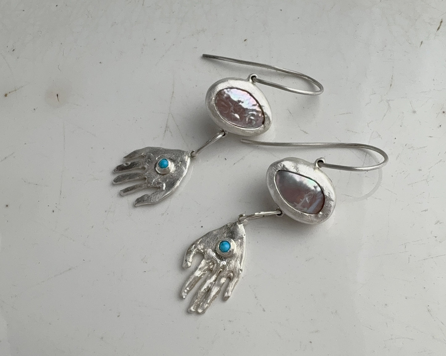 Pearl and Turquoise Silver Hand Drop Earrings