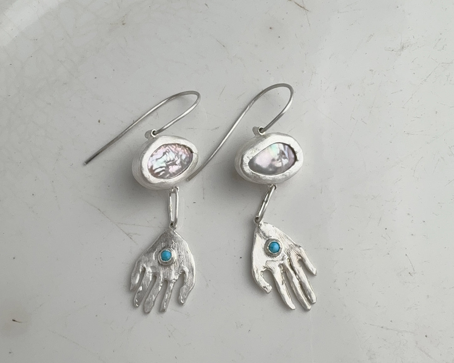 Pearl and Turquoise Silver Hand Drop Earrings