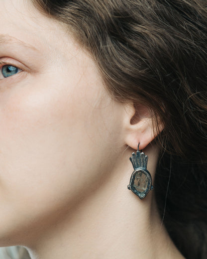 Asymmetrical Oxidized Silver Ava Earrings with Raw Blue Topaz and Labradorite