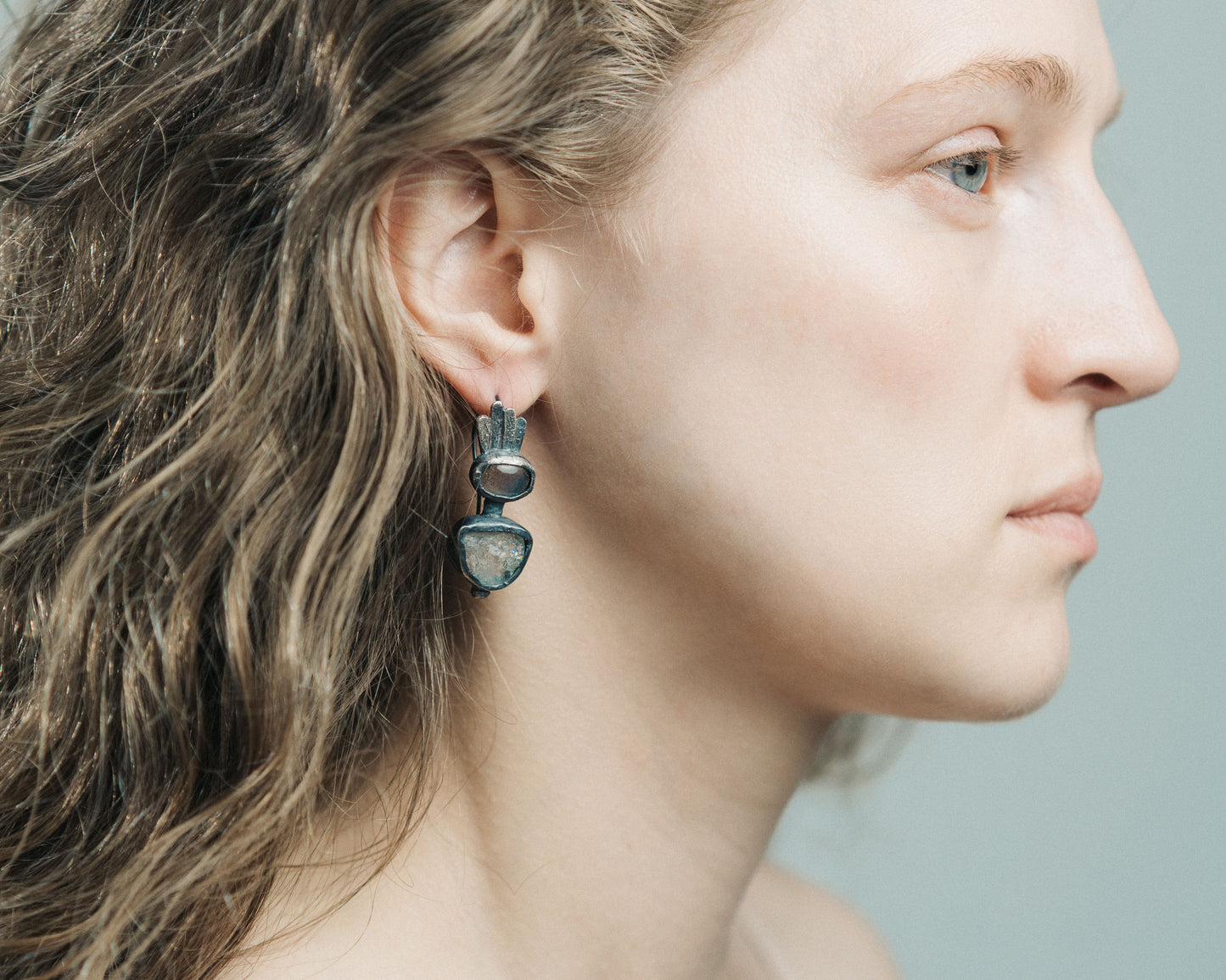 Asymmetrical Oxidized Silver Ava Earrings with Raw Blue Topaz and Labradorite