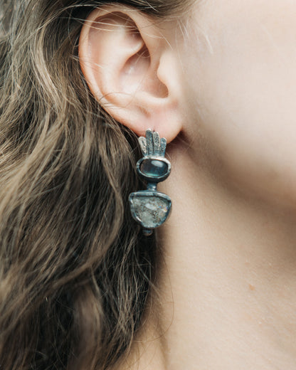 Asymmetrical Oxidized Silver Ava Earrings with Raw Blue Topaz and Labradorite