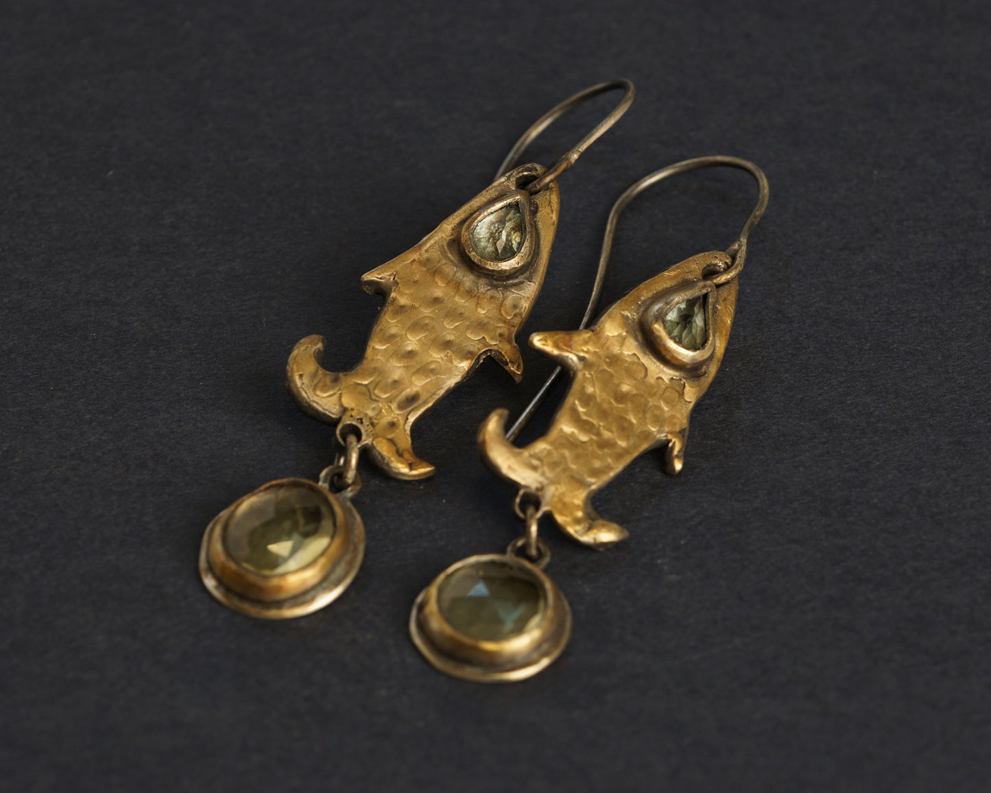 Gold-Plated Fish Earrings with Blue Topaz and Lemon Quartz