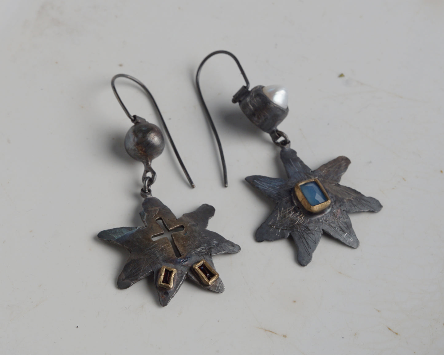 Handcraftet Starburst Earrings with Garnets, Agate, and Pearl