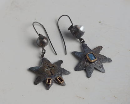 Handcraftet Starburst Earrings with Garnets, Agate, and Pearl