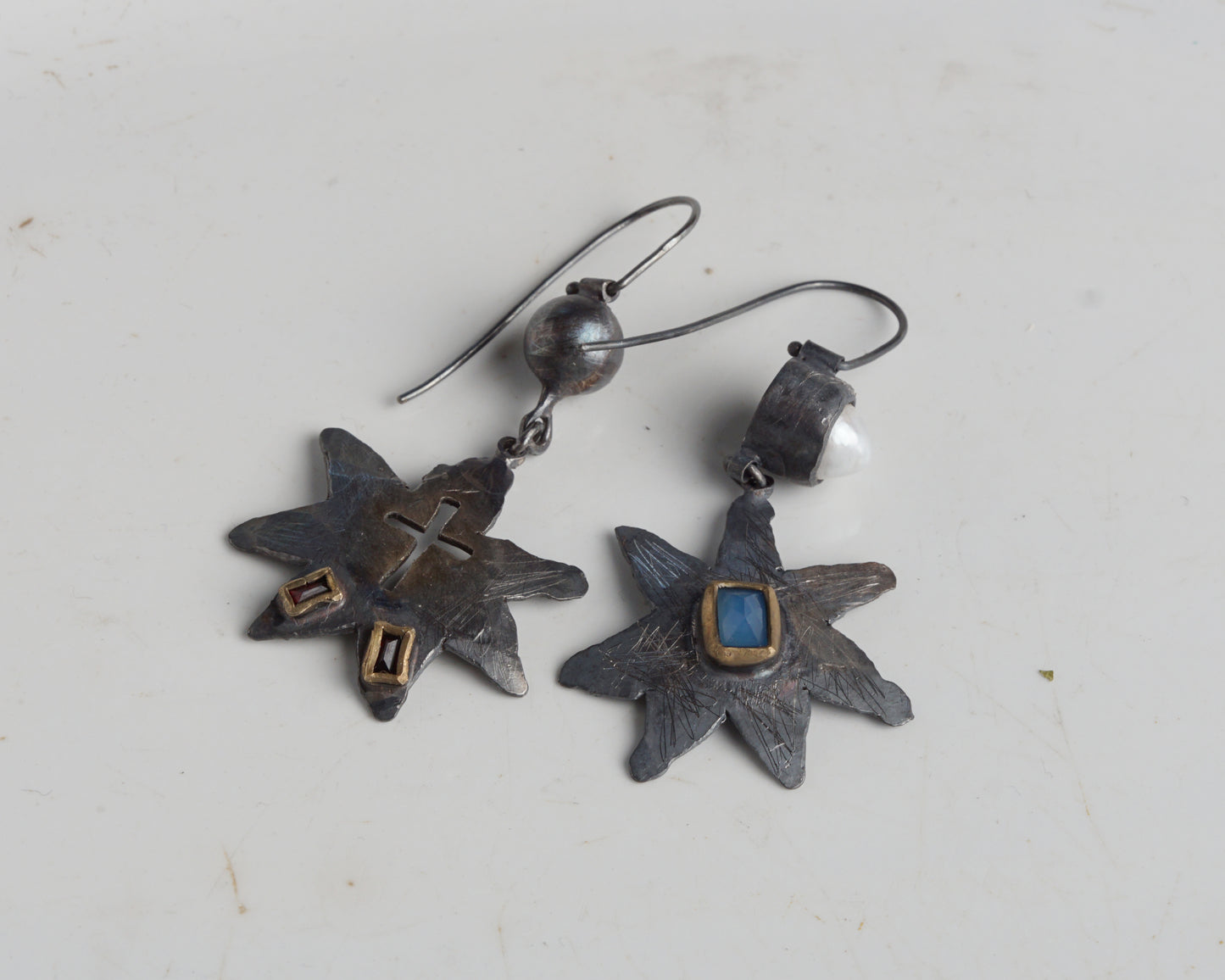 Handcraftet Starburst Earrings with Garnets, Agate, and Pearl