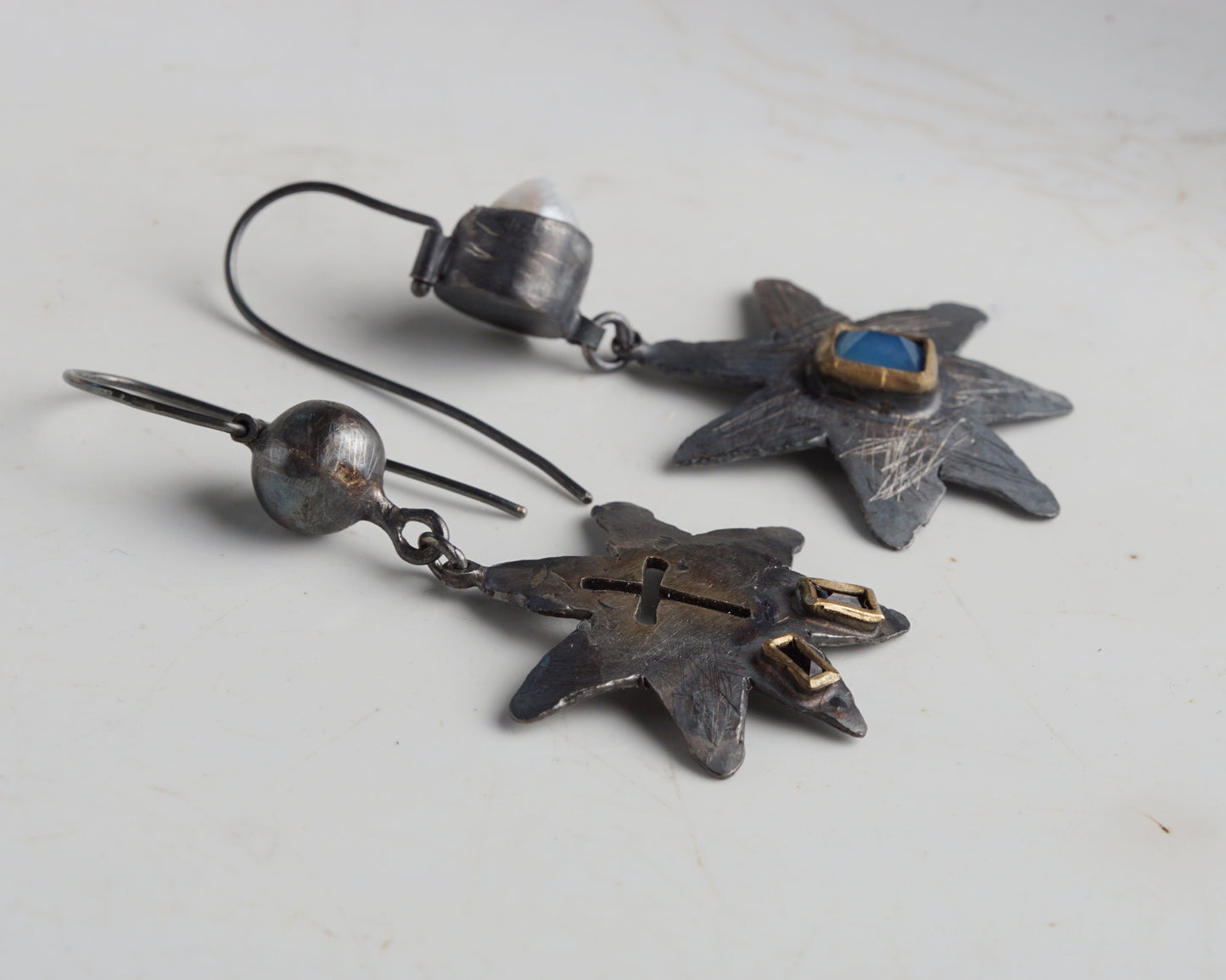 Handcraftet Starburst Earrings with Garnets, Agate, and Pearl