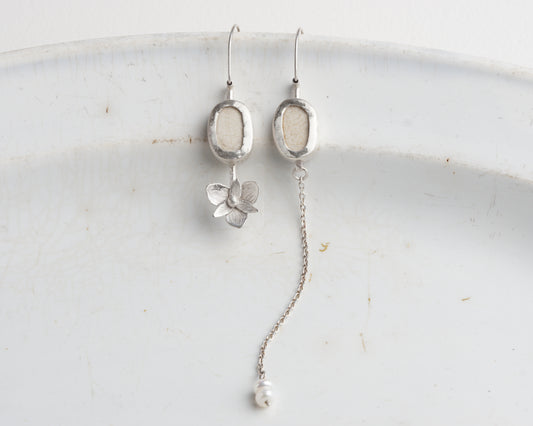 Asymmetrical Sterling Silver Earrings with Upcycled Vintage Porcelain and Pearl Detail