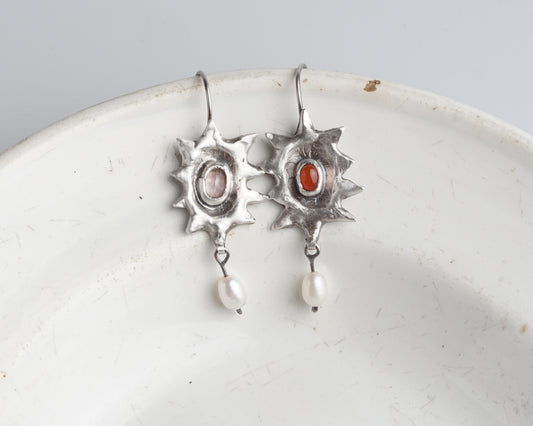 Handcrafted Silver Sunburst Earrings with Rose Quartz, Carnelian & Freshwater Pearls