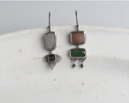 Handcrafted Asymmetrical Silver Earrings with Chalcedony, Jade, Quartz & Black Agate