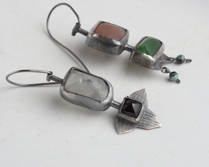 Handcrafted Asymmetrical Silver Earrings with Chalcedony, Jade, Quartz & Black Agate