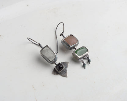 Handcrafted Asymmetrical Silver Earrings with Chalcedony, Jade, Quartz & Black Agate