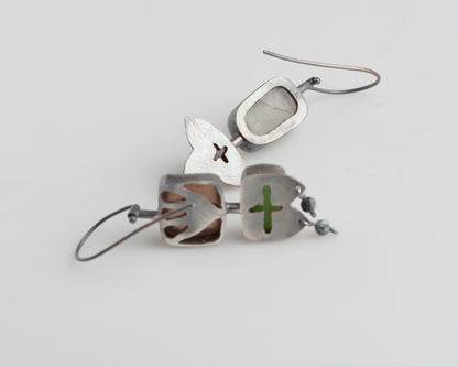 Handcrafted Asymmetrical Silver Earrings with Chalcedony, Jade, Quartz & Black Agate