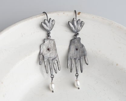 Sterling Silver Hand Earrings with Ruby and Pearl