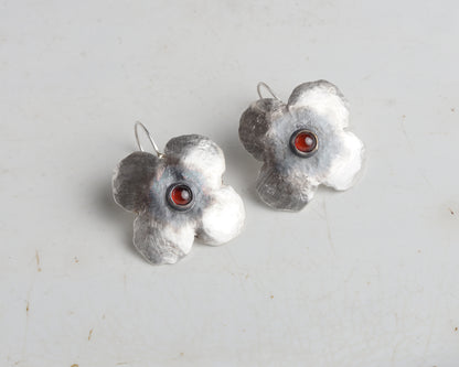 Silver Flower Earrings with Ruby