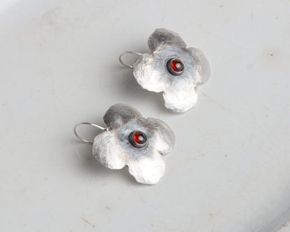 Silver Flower Earrings with Ruby