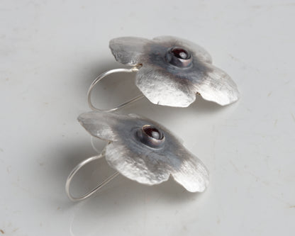 Silver Flower Earrings with Ruby