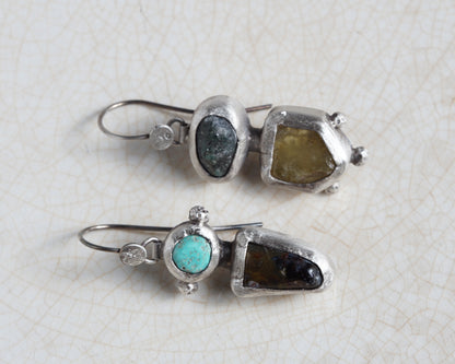 Handcrafted Silver Earrings with Turquoise, Pietersite, Emerald & Green Garnet