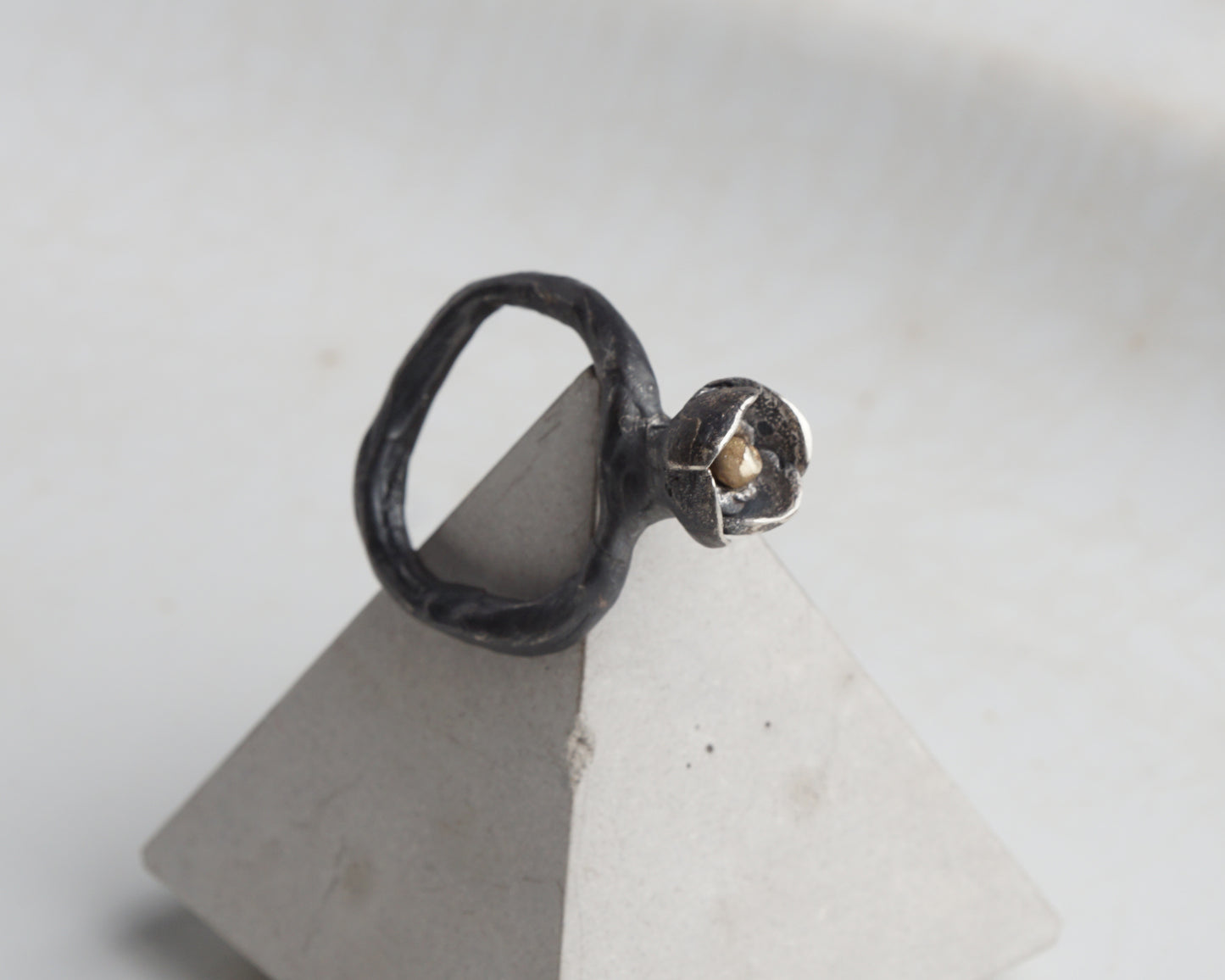 Oxidized Silver Bud Ring with Gold Detail