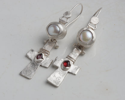 Blood Drop Pearl & Garnet Earrings