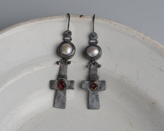 Blood Drop Pearl & Garnet Earrings