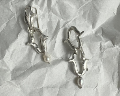 Organic Silver Link Earrings with Pearl Accent