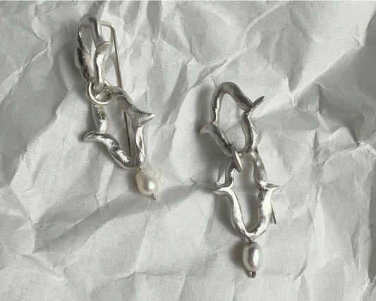 Organic Silver Link Earrings with Pearl Accent