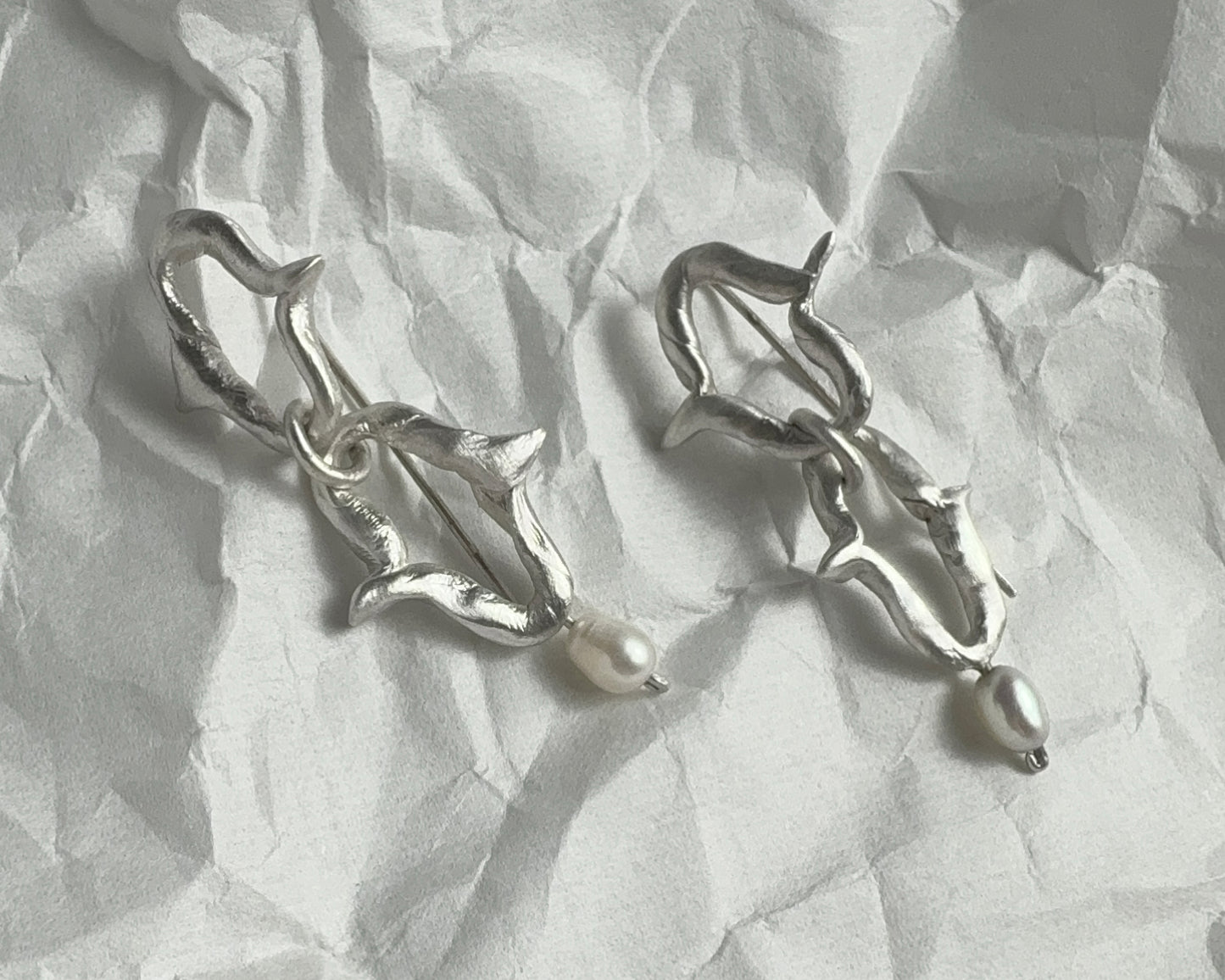 Organic Silver Link Earrings with Pearl Accent