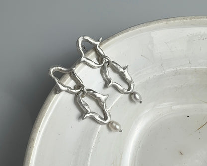 Organic Silver Link Earrings with Pearl Accent