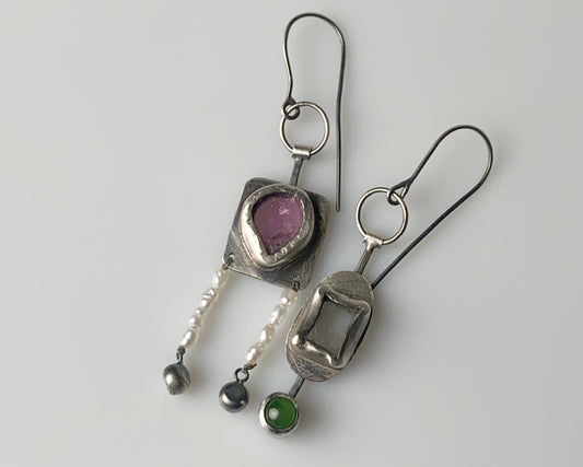 Handcrafted dangle earrings featuring rose tourmaline, quartz, jade and pearl accents.