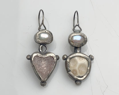 Ethereal Hearts: Pearl & Beryl Drop Earrings