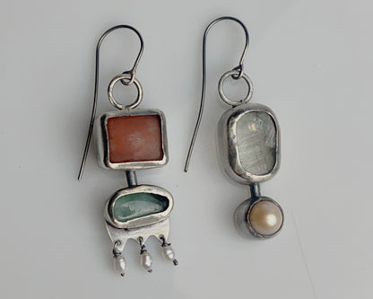 Handcrafted Silver Earrings with Chalcedony, Jade, Prasiolite, and Pearl