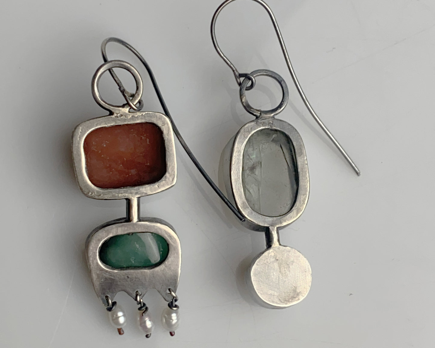 Handcrafted Silver Earrings with Chalcedony, Jade, Prasiolite, and Pearl