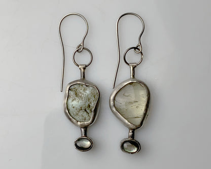 Asymmetrical Sterling Silver Earrings with Black Abalone Shell, Lemon Quartz & Chrysoprase