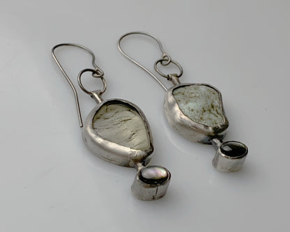 Asymmetrical Sterling Silver Earrings with Black Abalone Shell, Lemon Quartz & Chrysoprase