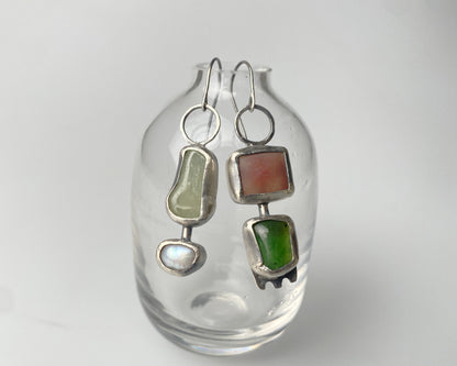 Handcrafted Silver Earrings with Chalcedony, Jade, Aquamarine, and Pearl