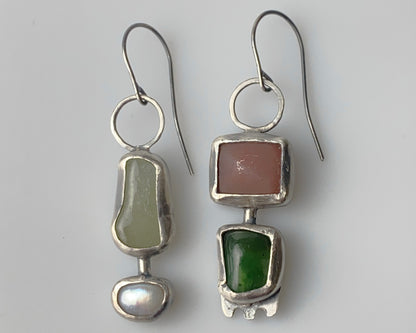 Handcrafted Silver Earrings with Chalcedony, Jade, Aquamarine, and Pearl